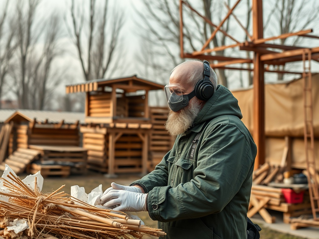 Мужчина в маске и наушниках работает с древесными палочками на строительной площадке. На фоне деревянные конструкции.