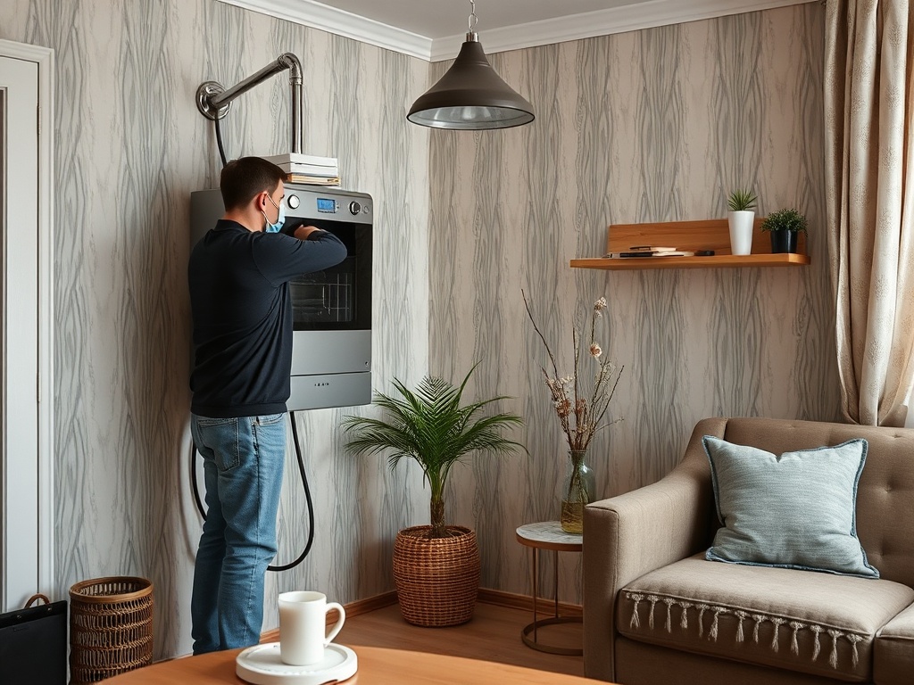 Мужчина в маске настраивает духовку в современной кухне с уютным интерьером. Растения и мебель создают атмосферу.