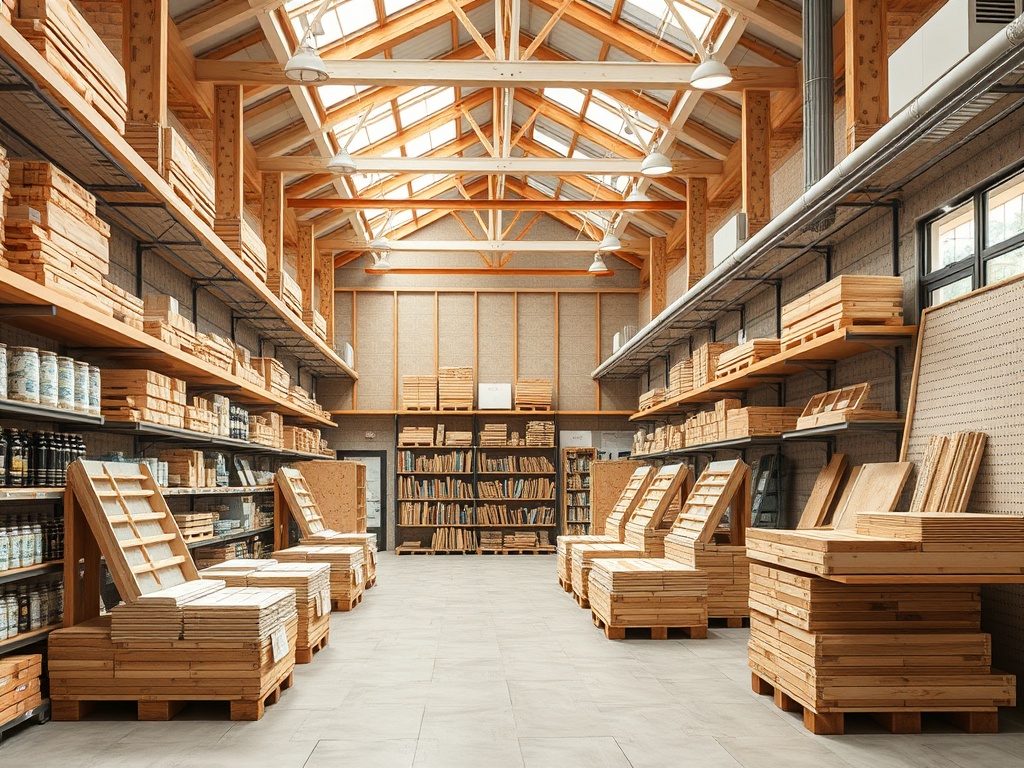 Склад с деревянными материалами, полки с книгами и освещённый потолок с деревянными балками.
