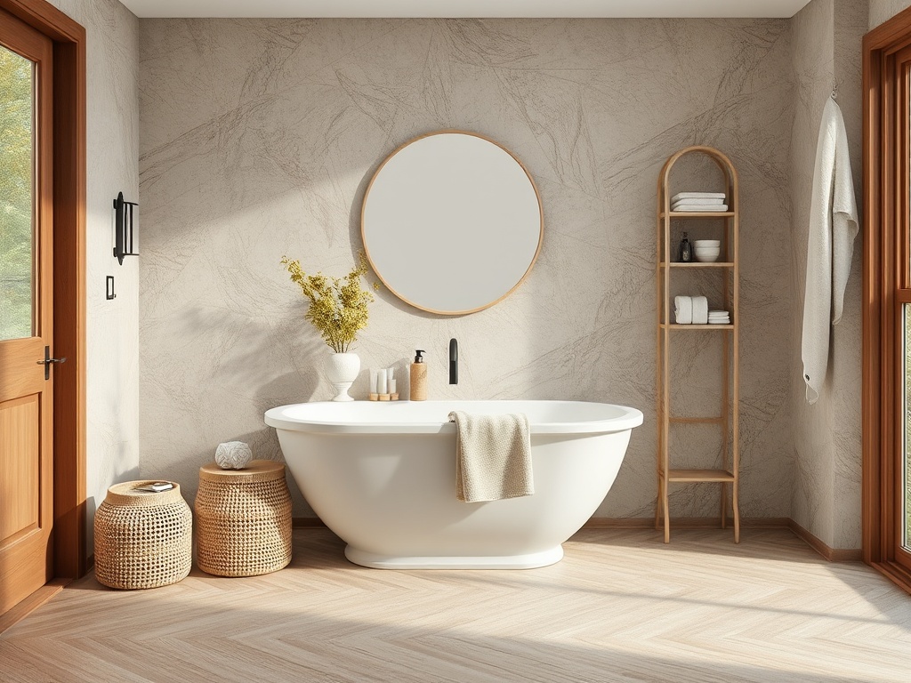 Современная ванная комната с белой ванной, зеркалом, деревянными полками и уютной атмосферой.