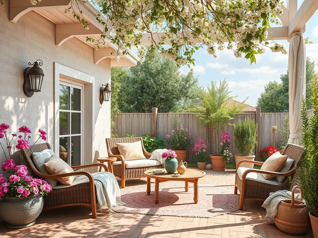 Уютная терраса с плетеными стульями, цветами и уютными предметами для отдыха на солнечном дне.