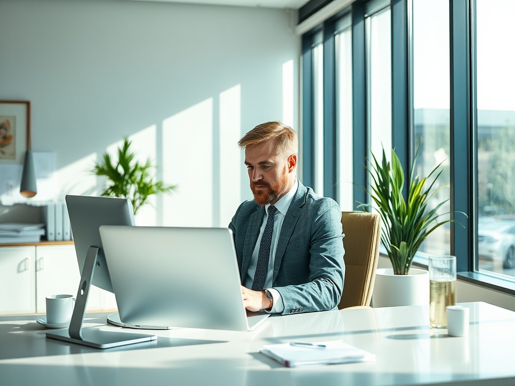 Мужчина в офисе работает за компьютером, окружают растения, светлое пространство и чашка кофе на столе.