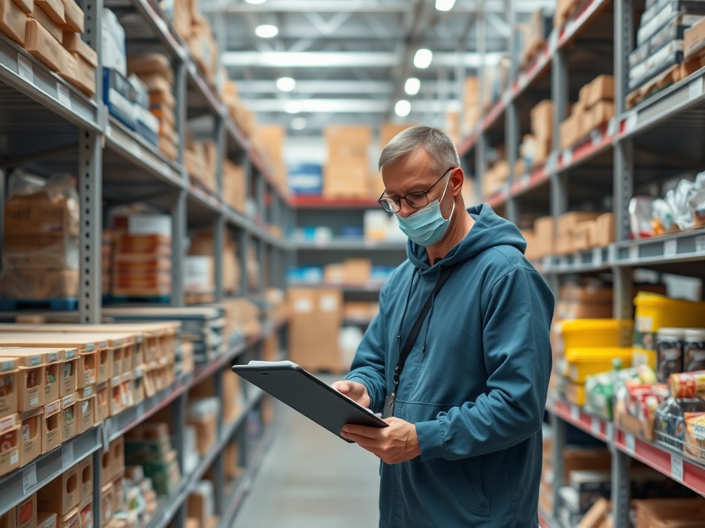 Мужчина в маске проверяет товары на планшете в магазине на фоне полок с продуктами.