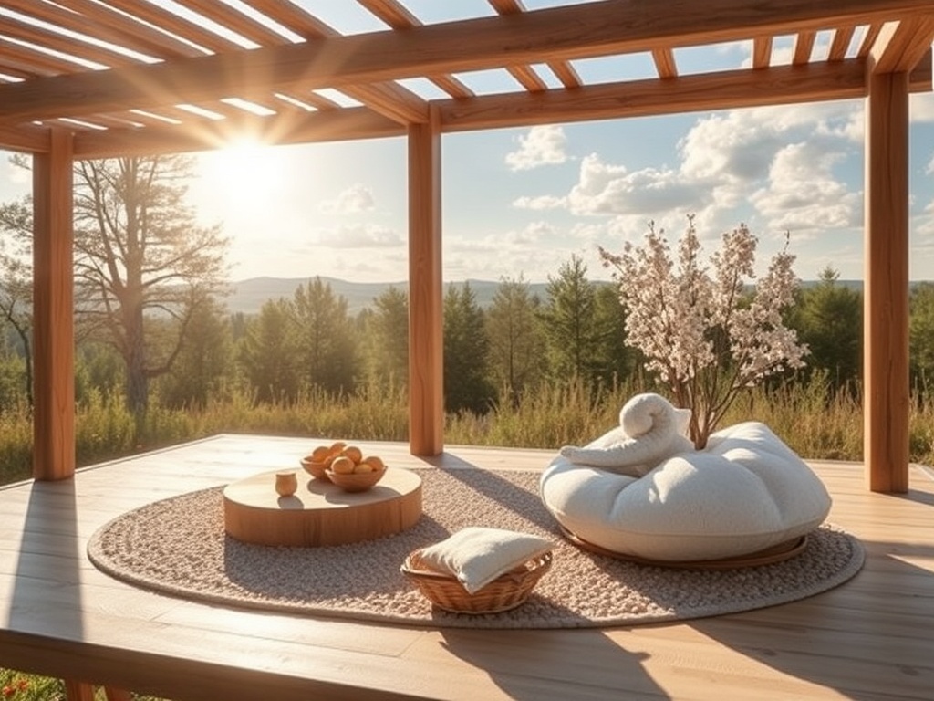 Уютное место для отдыха с мягкими подушками и фруктами на столе, окруженное природой при солнечном свете.