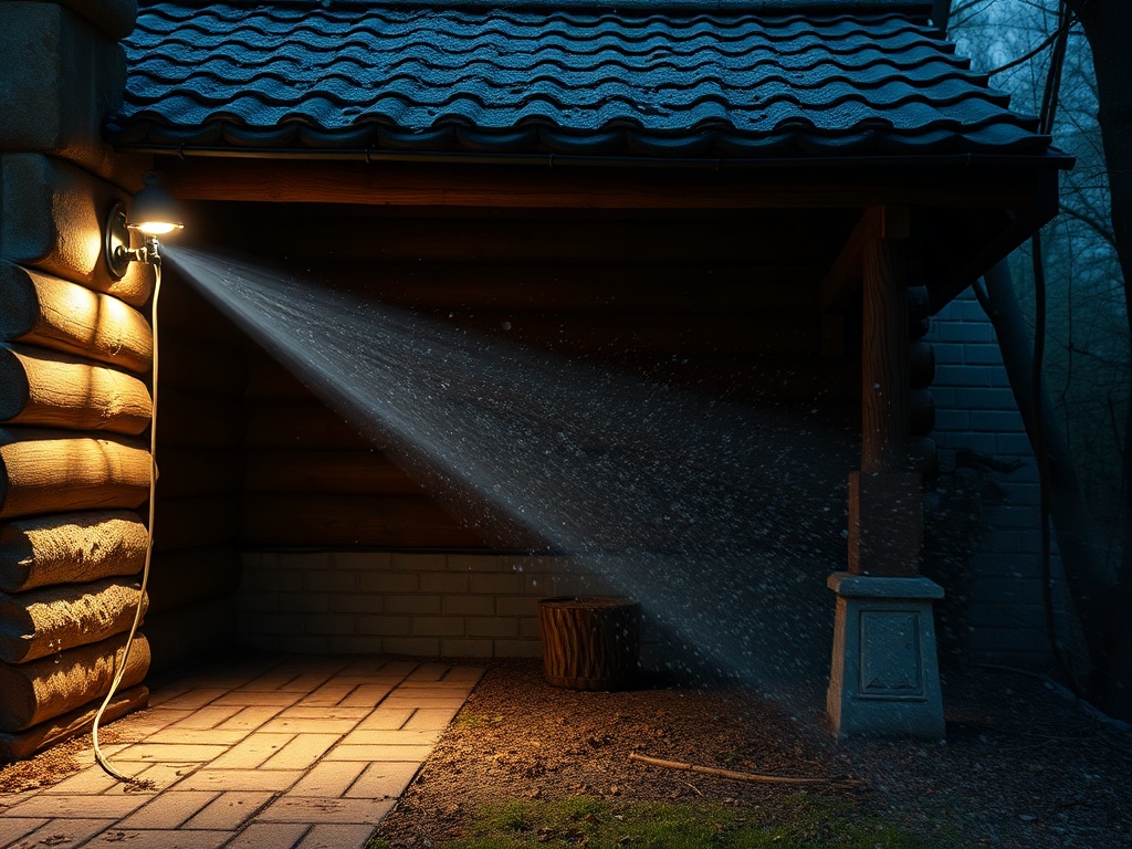 На изображении виден угол деревянного дома с фонарём и струёй воды, падающей на землю в вечернем свете.