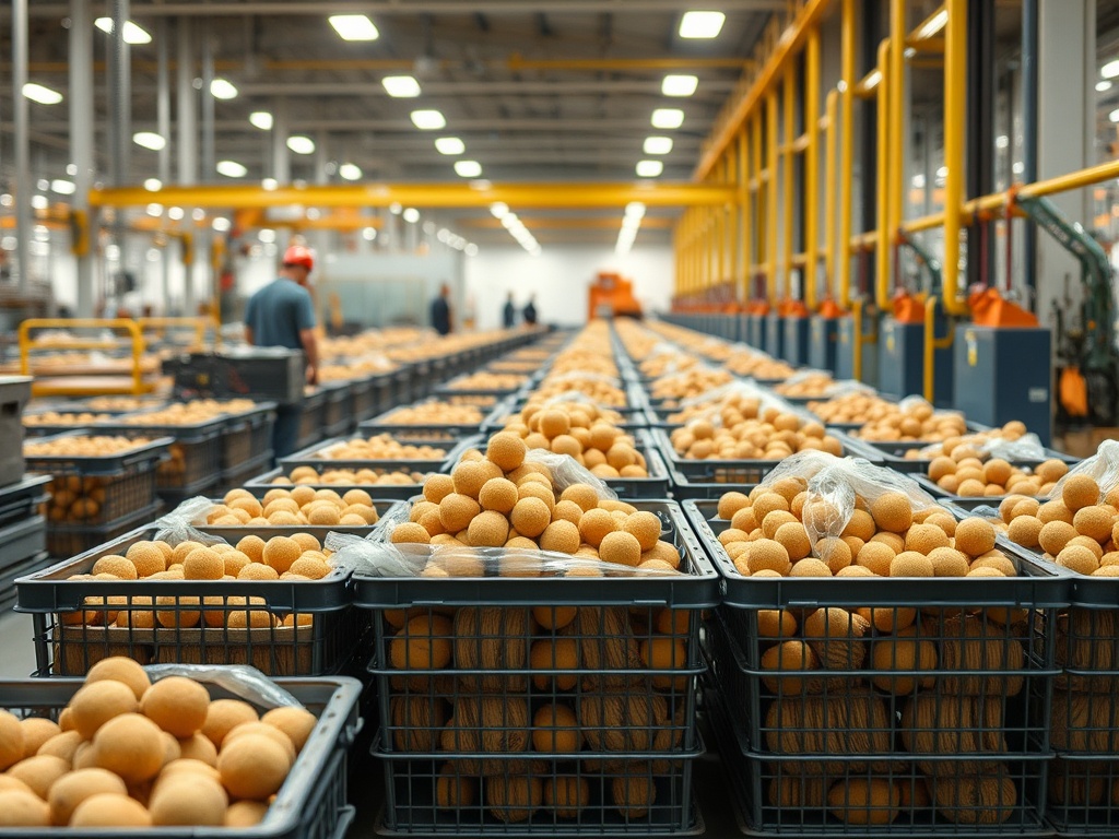 Внутри склада стоят многочисленные коробы с картошкой, работники заняты сортировкой и упаковкой.