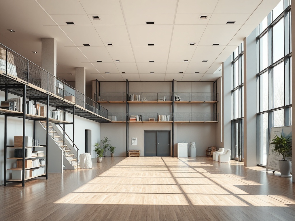 Современный офис с большими окнами, этажом с книгами и лестницей. Просторное и светлое рабочее пространство.