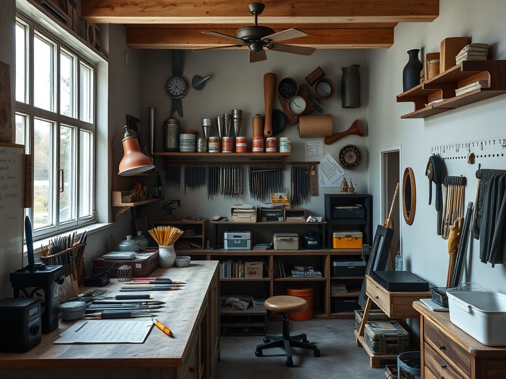 Рабочая мастерская с инструментами, полками и столом, оформленная в уютном стиле. Светло и организованно.