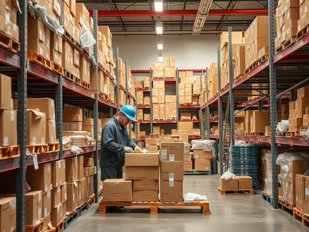 На складе человек в каске сортирует упаковки на деревянных поддонах между стеллажами с коробками.