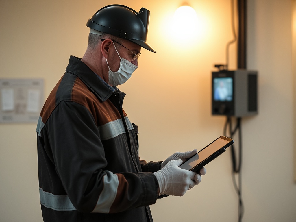 Рабочий в каске и маске, держащий планшет, в помещении с мягким освещением.