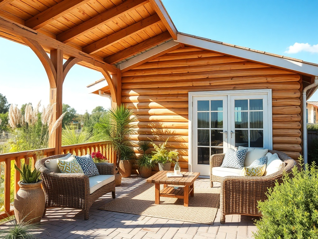 Уютная веранда с плетеными креслами, столиком и зелеными растениями под ясным небом.