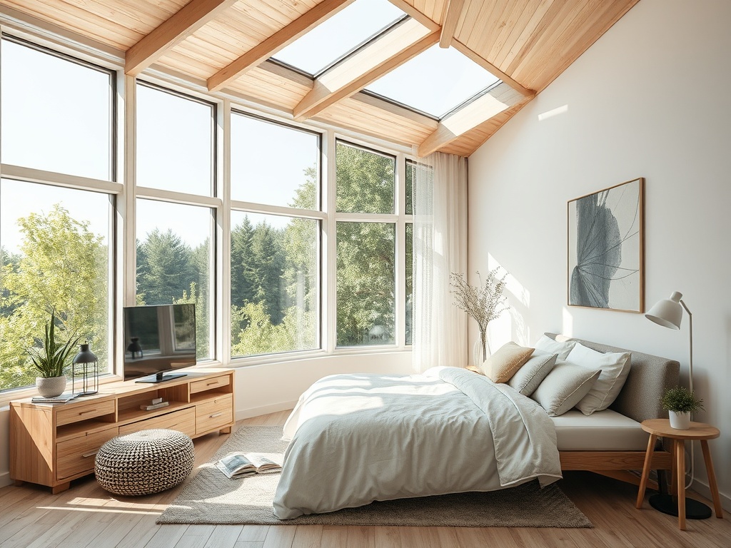 Светлая спальня с большими окнами, деревянным потолком и современными мебелью, уютной кроватью и телевизором.