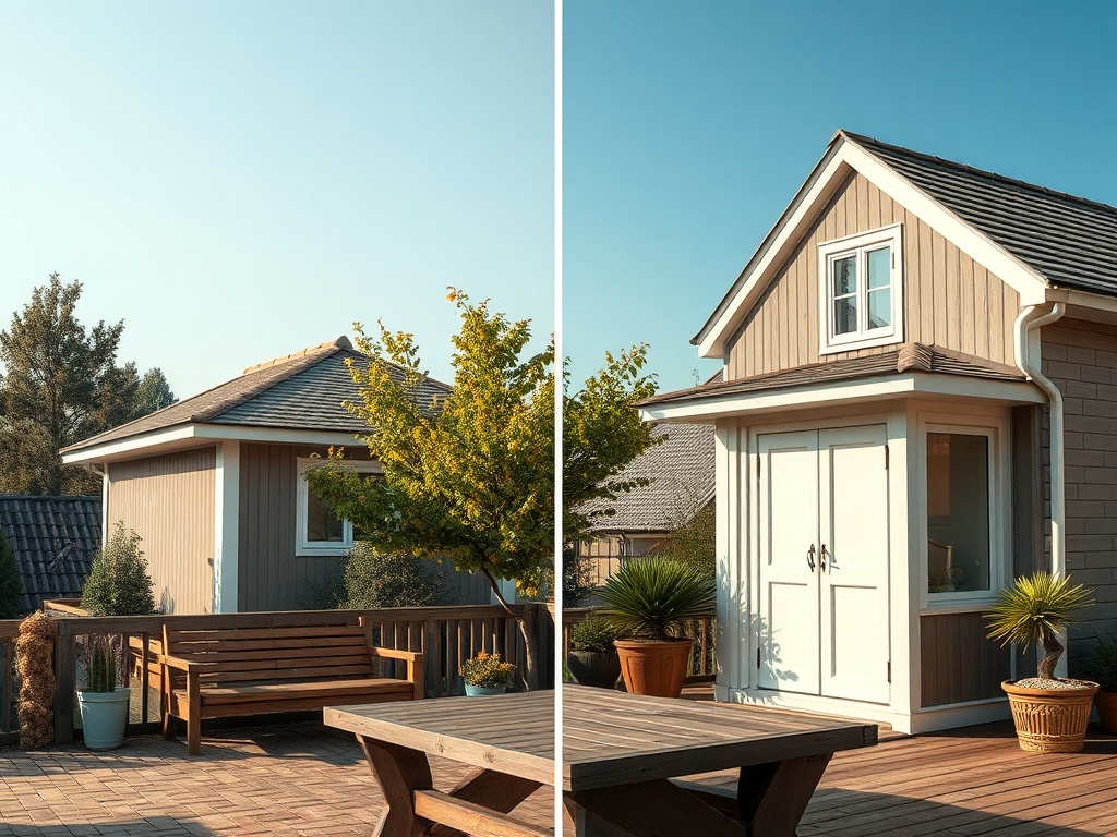 Современный дом с деревянной отделкой, зелеными растениями и уютной территорией для отдыха.