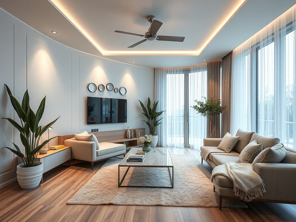 Современная гостиная с мягкой мебелью, стеклянным столом и зелеными растениями у окон. Светлый и уютный интерьер.