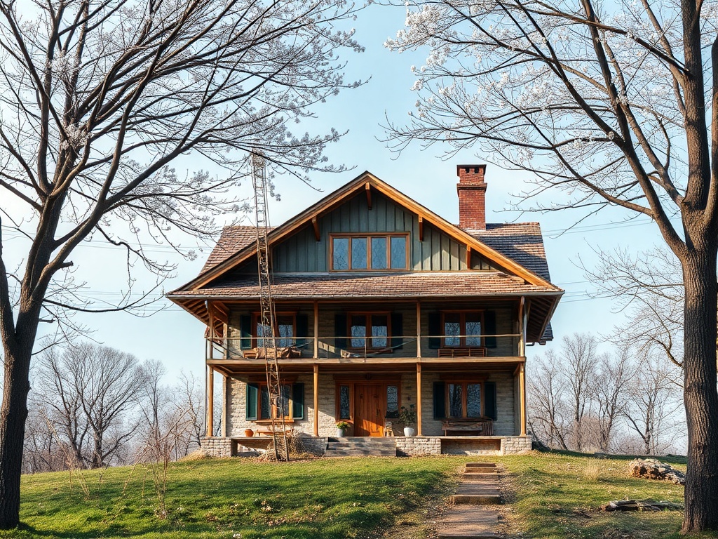 Деревянный дом с балконом, окруженный деревьями, на фоне ясного неба и зелёной травы.