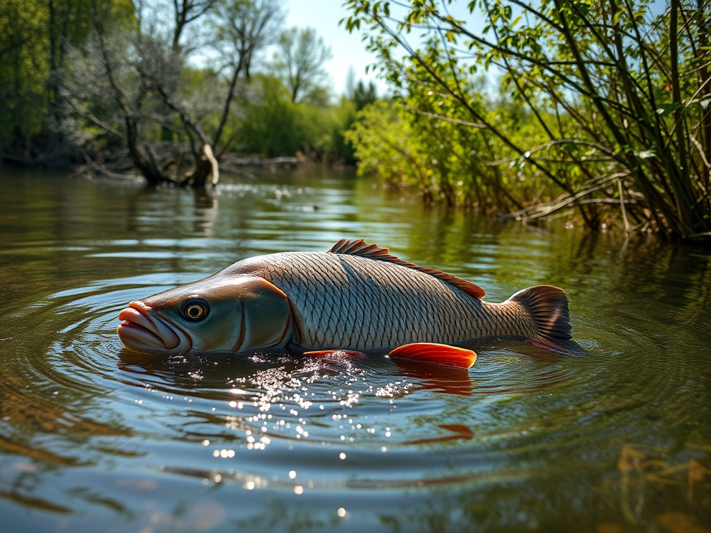 На изображении большая рыба в воде, окруженная зелеными растениями и отражением солнца.