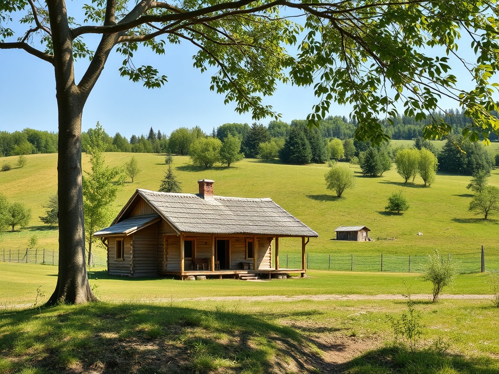 На изображении деревянный домик на лоне природы с зелеными холмами и деревьями на фоне ясного неба.