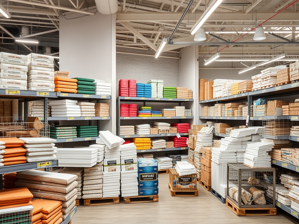 Магазин с полками, заполненными различными материалами и упаковкой в разных цветах.