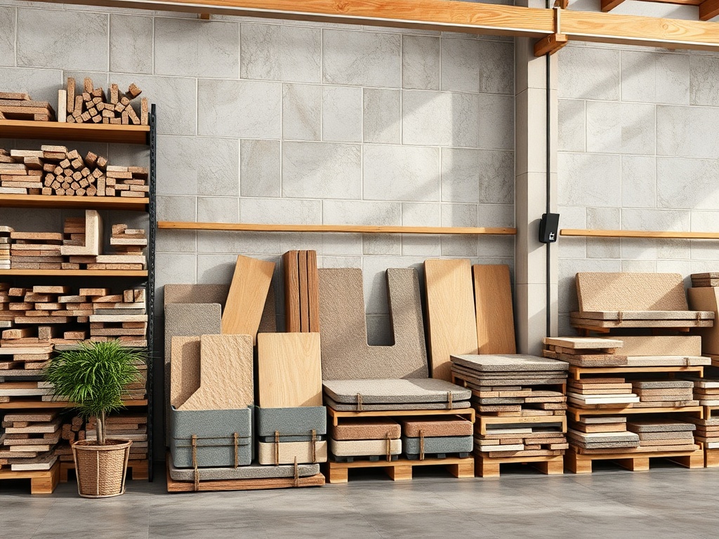 Склад с деревянными плитами различных размеров и форм, аккуратно организованными на полках.