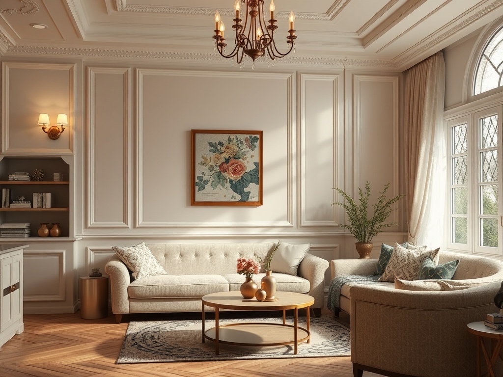 Современный уютный интерьер с мягкой мебелью, круглыми столами и красивым освещением.