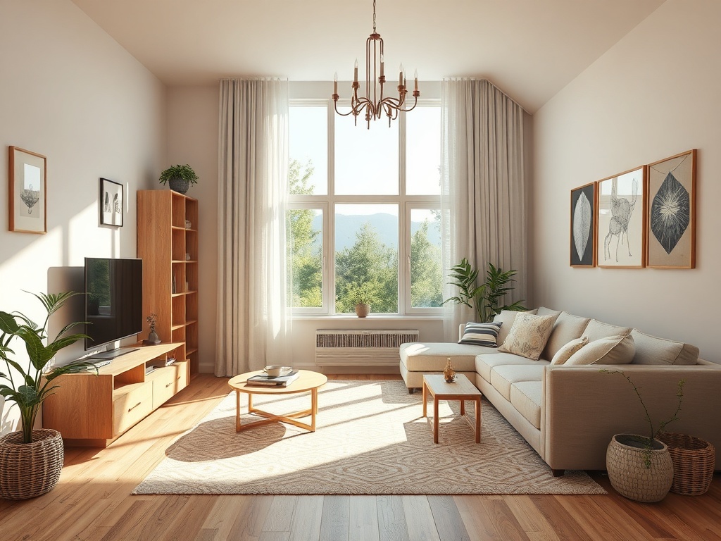 Светлая и уютная гостиная с большими окнами, растениями и современной мебелью.