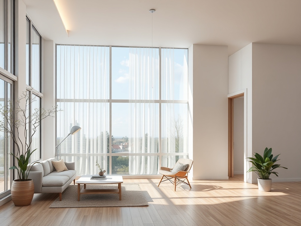 Светлая гостиная с большими окнами, современным диваном и столом, окружённая растениями и уютом.