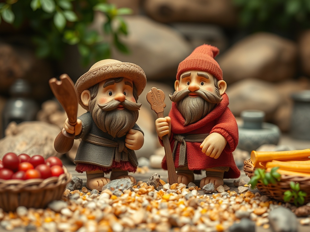 Два персонажа в традиционной одежде, стоящие на земле среди камней и корзин с овощами.