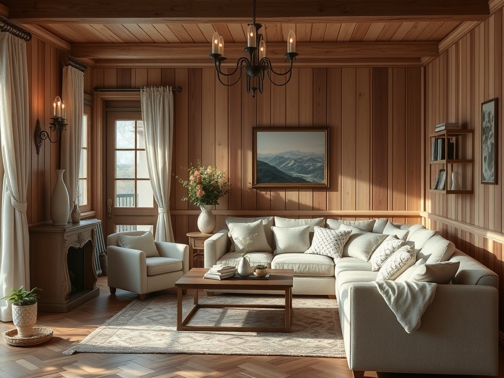 Комфортабельная гостиная с деревянными стенами, светлыми шторами и уютной мебелью, наполненная естественным светом.