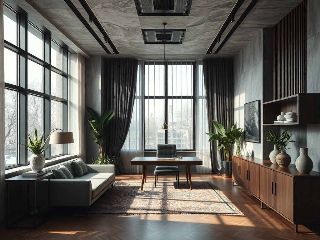 Светлый офис с большими окнами, уютной мебелью и зелеными растениями, создающий атмосферу уюта.