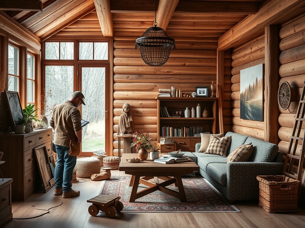 Современный уютный кабинет в деревянном доме с книгами, мебелью и вечерним светом. Мужчина читает на планшете.