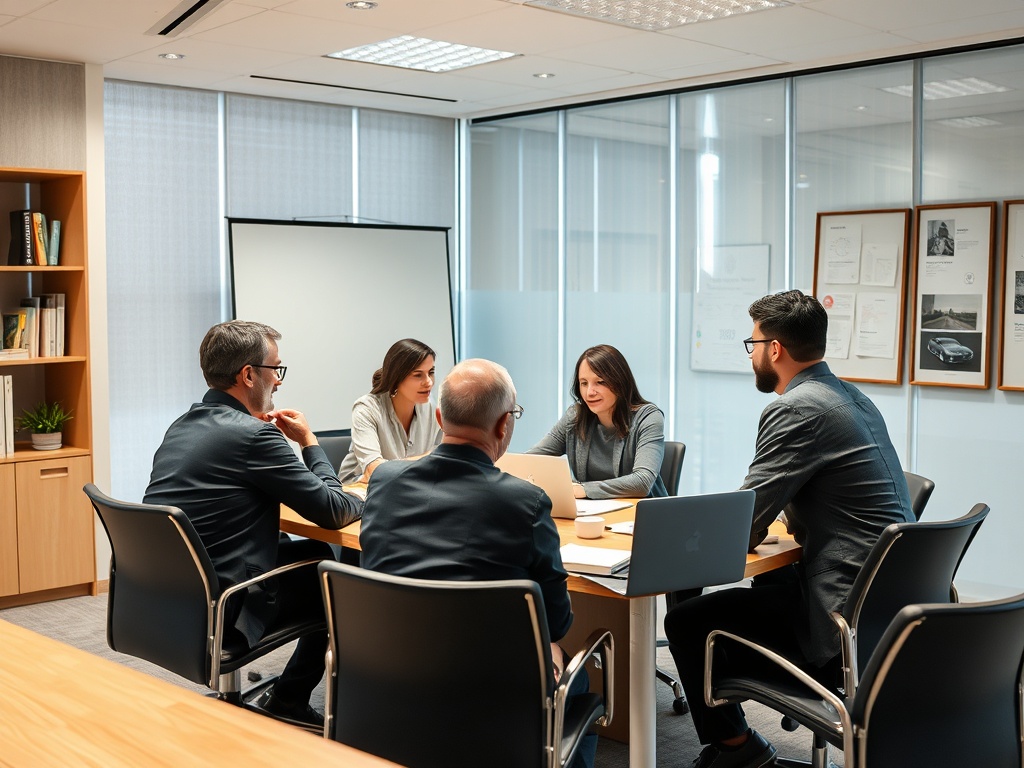 Группа деловых людей обсуждает проект на совещании в офисе. Столы с ноутбуками и заметками.