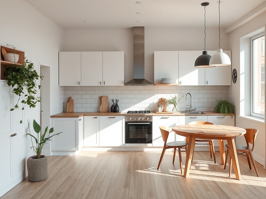 Современная кухня с деревянным столом, стульями и растениями, наполненная светом и уютом.