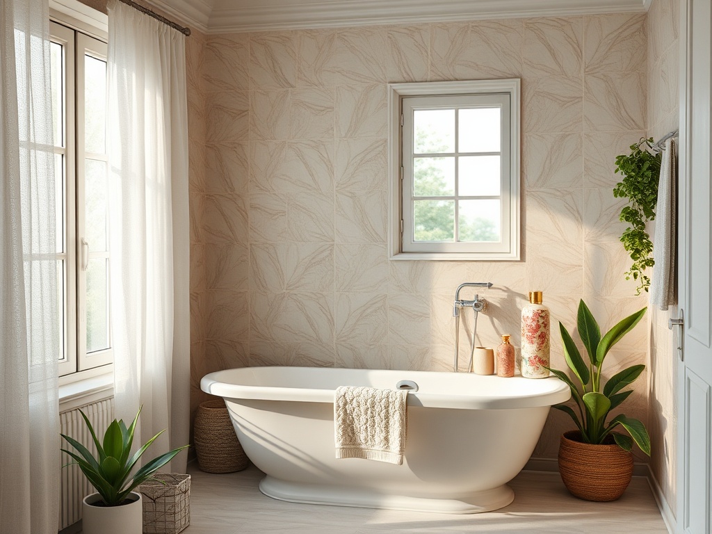 Современная ванная комната с белой ванной, растениями и окнами, пропускающими солнечный свет.