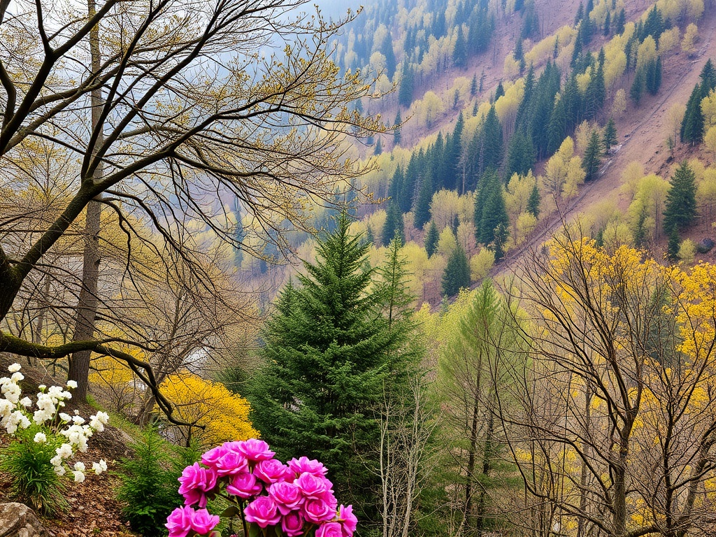Цветы на переднем плане, за ними горы с зеленью и желтыми листьями, создающие живописный ландшафт.