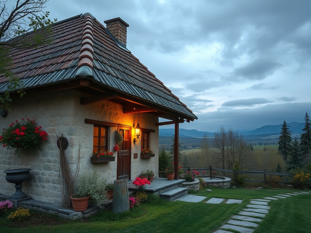 Очаровательный дом с подсветкой, цветами и красивым пейзажем на фоне горного горизонта.