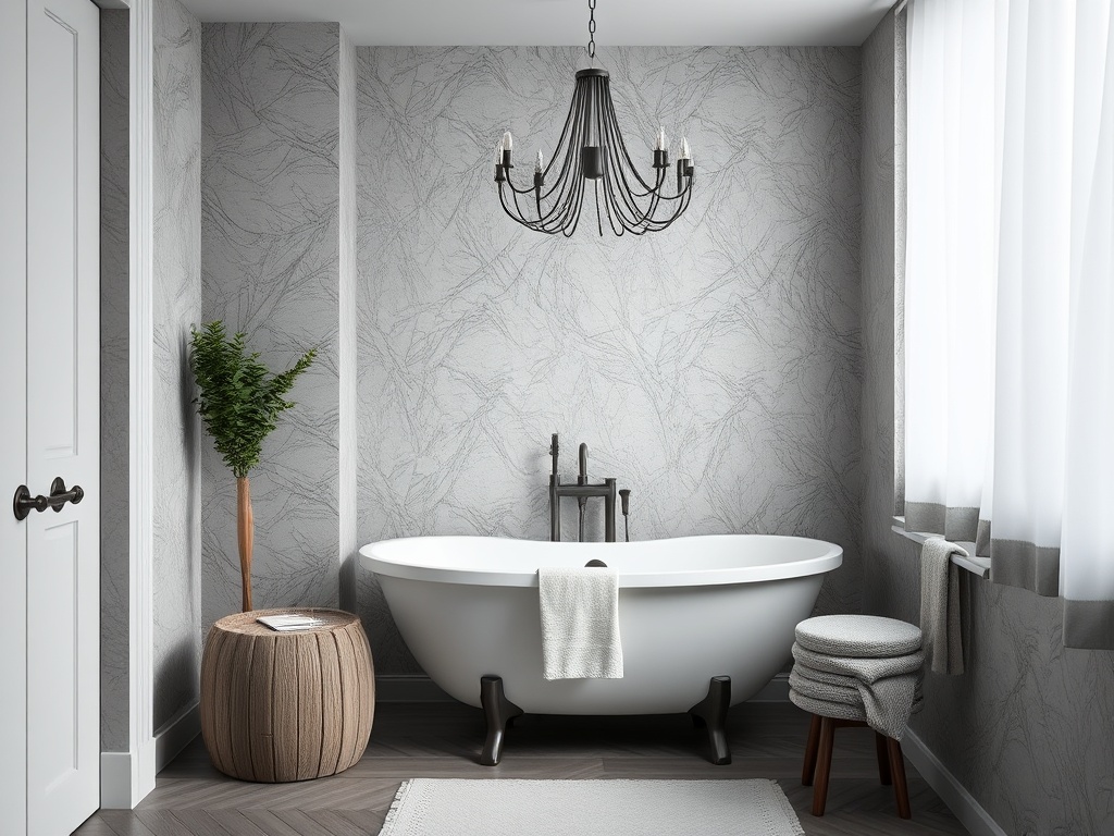 Современная ванная комната с белой ванной, стильной люстрой и зелёным растением в углу. Элегантный интерьер.