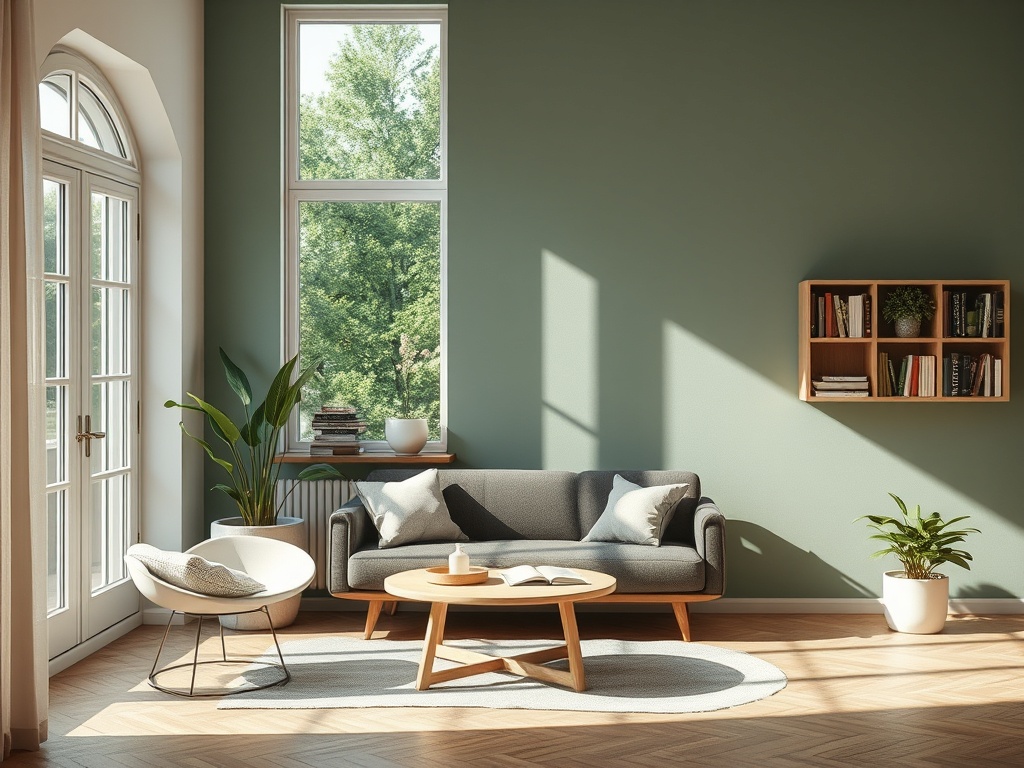 Светлая гостиная с зеленой стеной, современная мебель и большой окна, залитая солнечным светом.