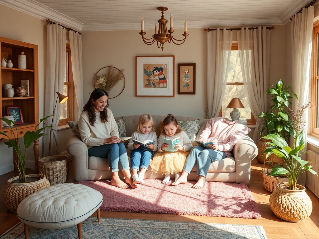 Четыре человека сидят на диване в уютной гостиной, читают книги при солнечном свете и мягком освещении.