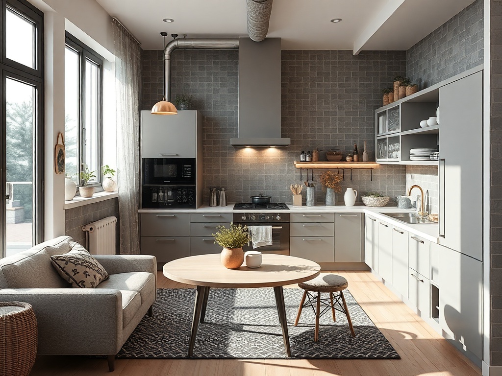 Современная кухня с серыми шкафами, круглым столом и уютным диваном в открытом пространстве.